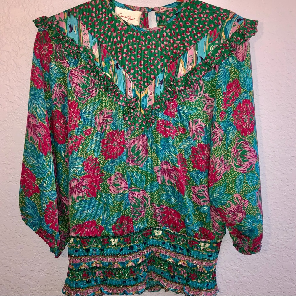 Susan Fries Vintage Bold Turquoise Floral Ruffle blouse top 3/4 sleeve XS EUC